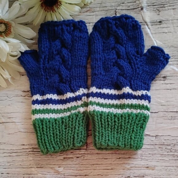 Hand-Knit Blue and Green Fingerless Mittens Vancouver Canucks Seattle Seahawks - Picture 1 of 7